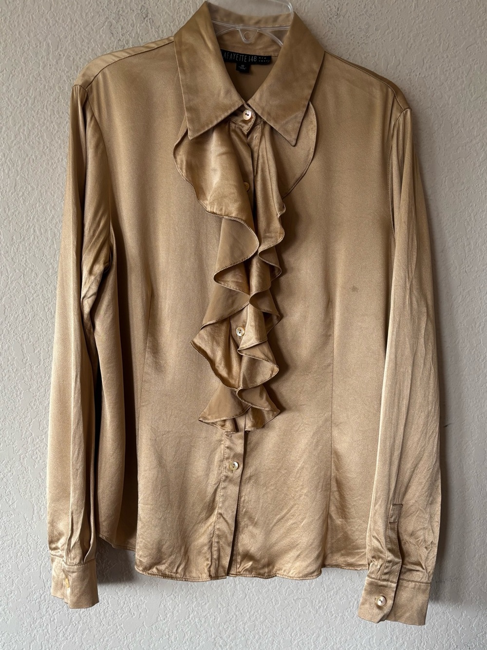 Lafayette‎ 148 New York Gold Ruffle Button Down Blouse Top Size 10